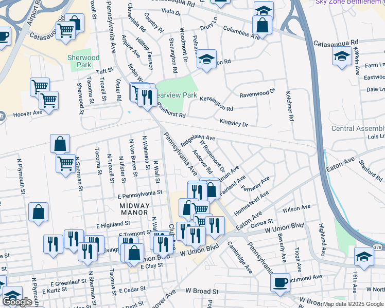 map of restaurants, bars, coffee shops, grocery stores, and more near 1316 Pennsylvania Avenue in Bethlehem