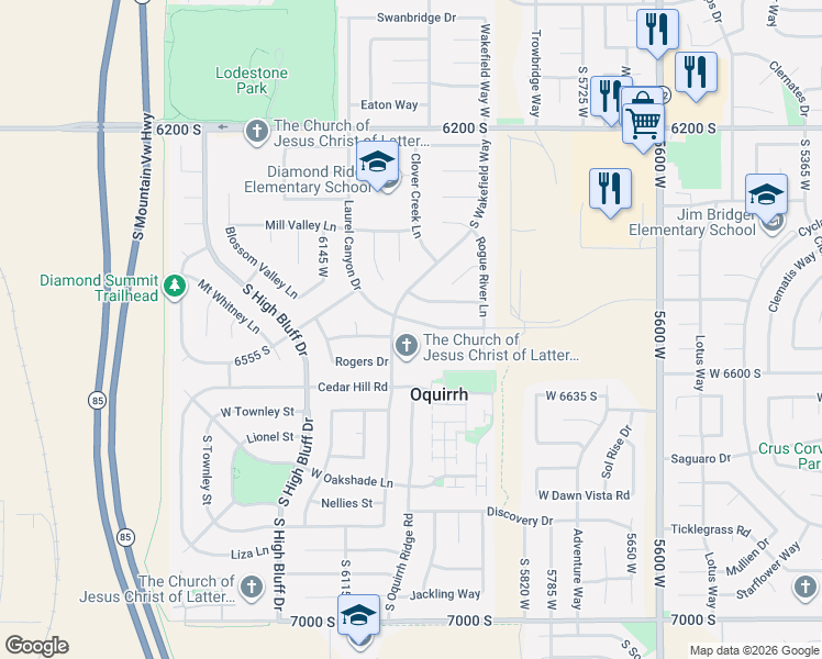 map of restaurants, bars, coffee shops, grocery stores, and more near 6045 West Castle Park Lane in West Valley City
