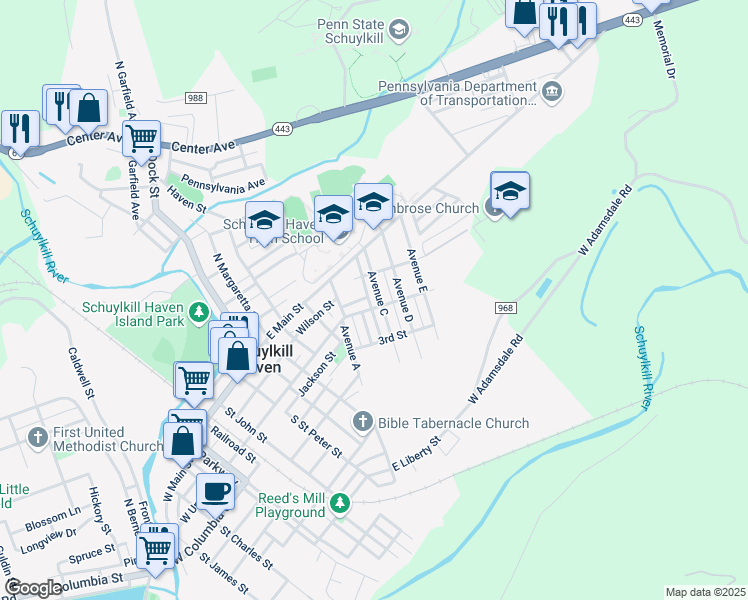 map of restaurants, bars, coffee shops, grocery stores, and more near 70 Avenue C in Schuylkill Haven