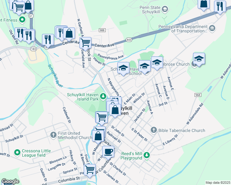 map of restaurants, bars, coffee shops, grocery stores, and more near 100 Paxson Avenue in Schuylkill Haven
