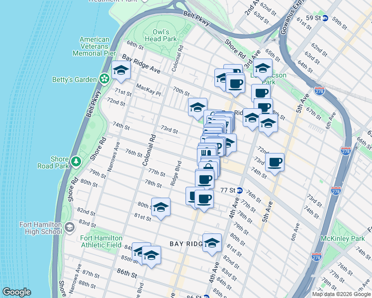 map of restaurants, bars, coffee shops, grocery stores, and more near 7423 Ridge Boulevard in Brooklyn