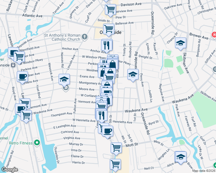map of restaurants, bars, coffee shops, grocery stores, and more near 3256 Long Beach Road in Oceanside