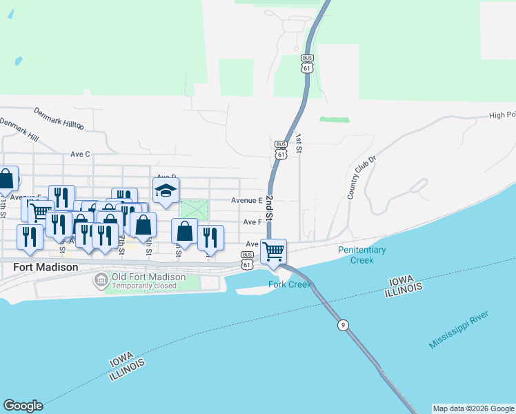 map of restaurants, bars, coffee shops, grocery stores, and more near 213-299 Ave F in Fort Madison