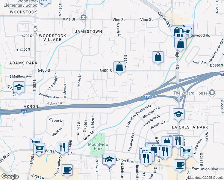 map of restaurants, bars, coffee shops, grocery stores, and more near 1676 East 6485 South in Murray