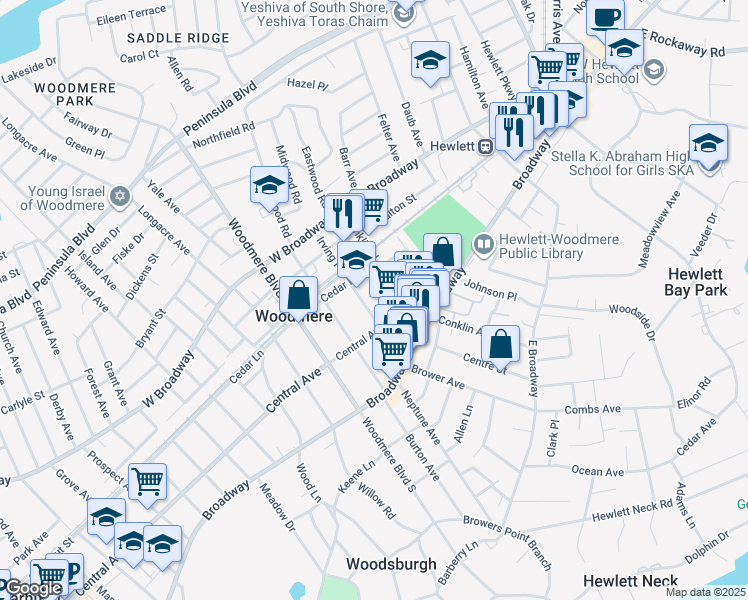 map of restaurants, bars, coffee shops, grocery stores, and more near 1010 Central Avenue in Woodmere