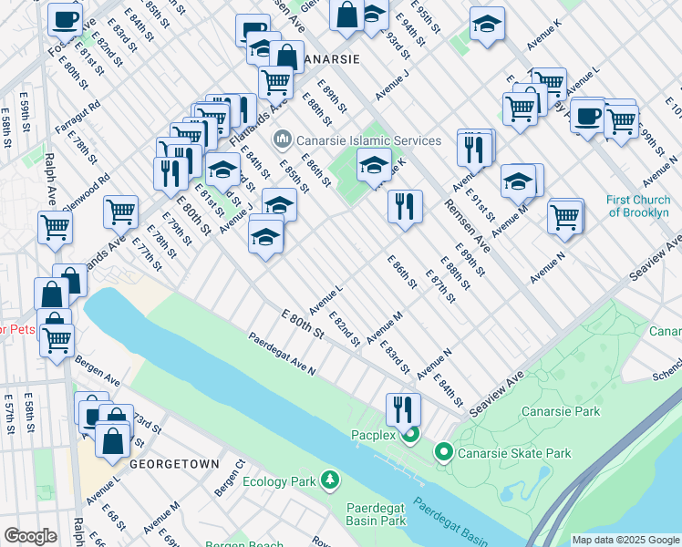map of restaurants, bars, coffee shops, grocery stores, and more near 1207 East 83rd Street in Brooklyn