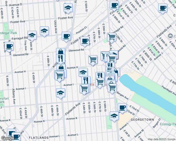 map of restaurants, bars, coffee shops, grocery stores, and more near 1031 East 55th Street in Brooklyn