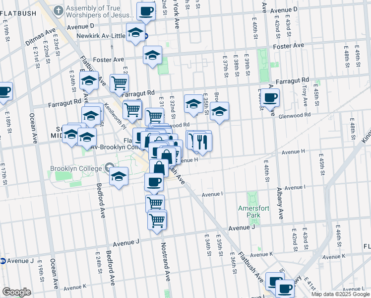 map of restaurants, bars, coffee shops, grocery stores, and more near 793 East 32nd Street in Brooklyn