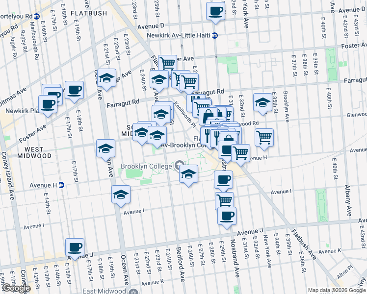 map of restaurants, bars, coffee shops, grocery stores, and more near 2900 Bedford Avenue in Brooklyn
