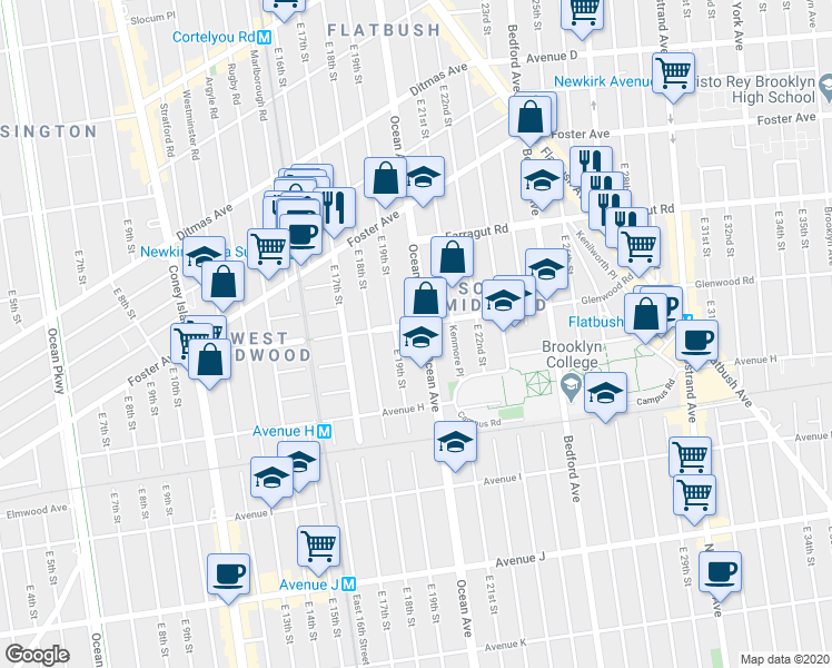 map of restaurants, bars, coffee shops, grocery stores, and more near 1222 Ocean Avenue in Brooklyn