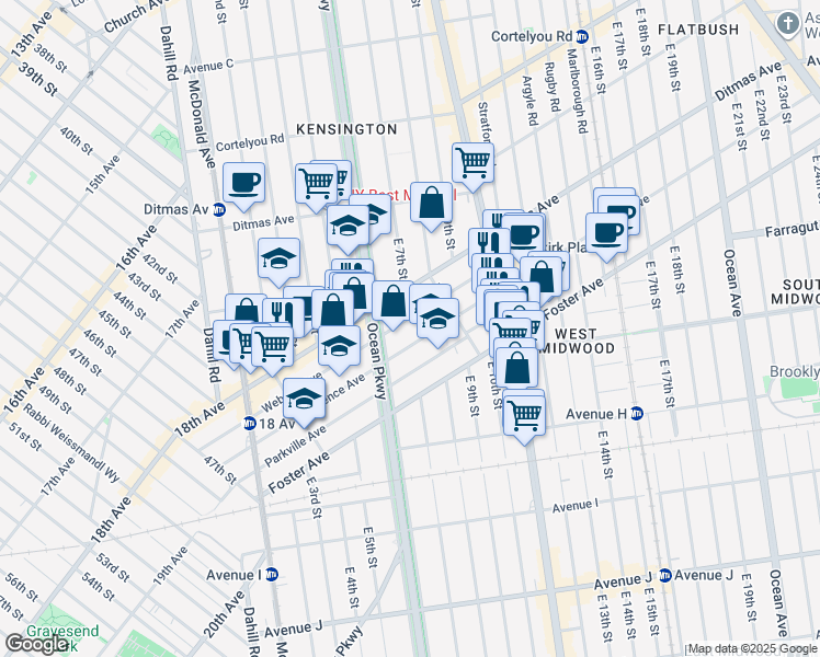 map of restaurants, bars, coffee shops, grocery stores, and more near 238 Newkirk Avenue in Brooklyn