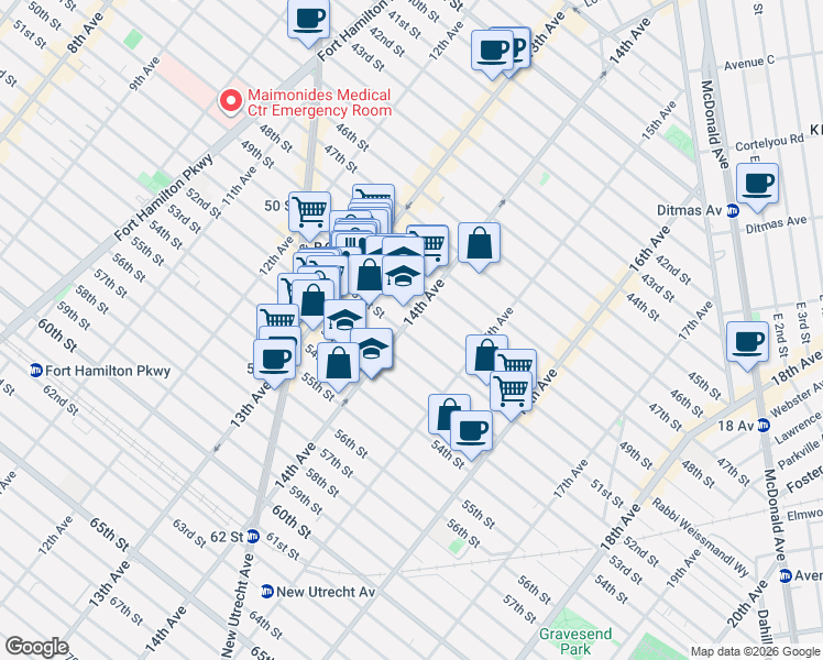 map of restaurants, bars, coffee shops, grocery stores, and more near 1424 51st Street in Brooklyn