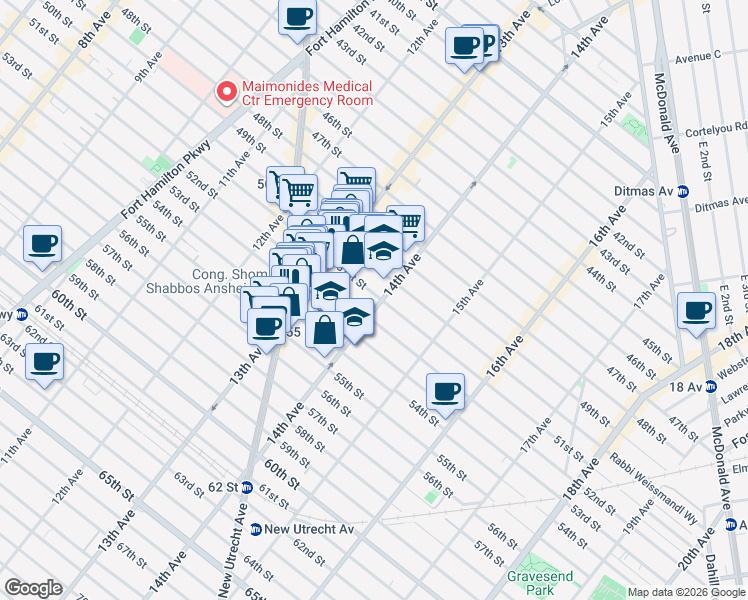 map of restaurants, bars, coffee shops, grocery stores, and more near 5202 14th Avenue in Brooklyn