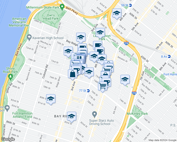 map of restaurants, bars, coffee shops, grocery stores, and more near 7312 4th Avenue in Brooklyn