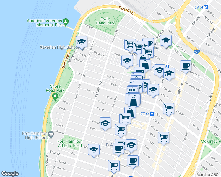 map of restaurants, bars, coffee shops, grocery stores, and more near 168 Bay Ridge Parkway in Brooklyn