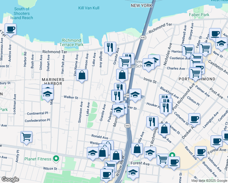 map of restaurants, bars, coffee shops, grocery stores, and more near 266 Pulaski Avenue in Staten Island
