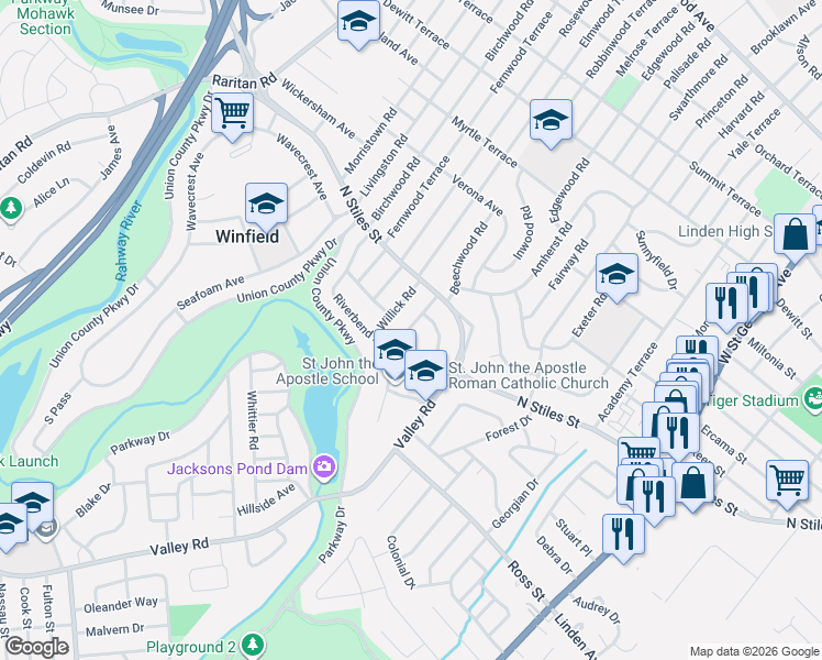map of restaurants, bars, coffee shops, grocery stores, and more near 1207-3 Stockton Circle in Linden