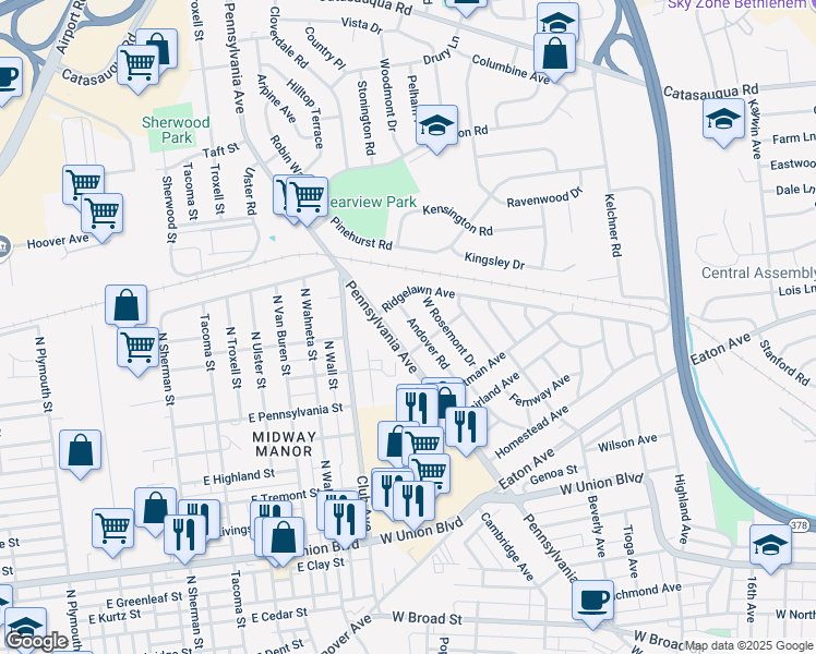 map of restaurants, bars, coffee shops, grocery stores, and more near 1316 Pennsylvania Avenue in Bethlehem