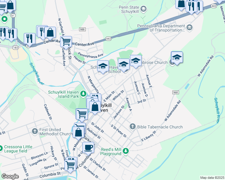map of restaurants, bars, coffee shops, grocery stores, and more near 425 East Main Street in Schuylkill Haven