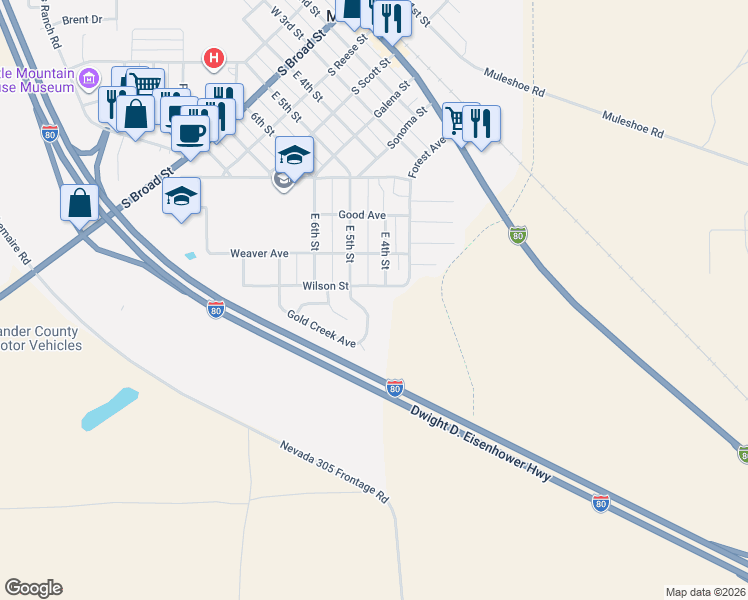 map of restaurants, bars, coffee shops, grocery stores, and more near 760 Gold Creek Avenue in Battle Mountain
