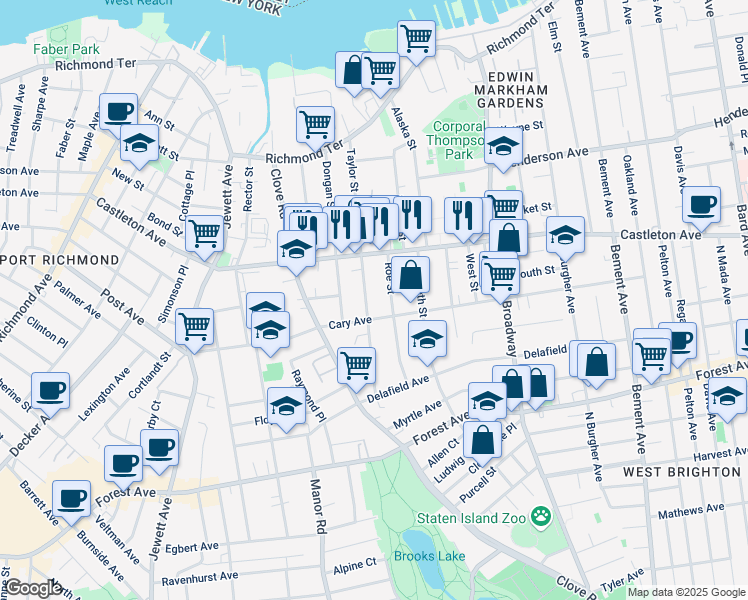 map of restaurants, bars, coffee shops, grocery stores, and more near 625 Cary Avenue in Staten Island