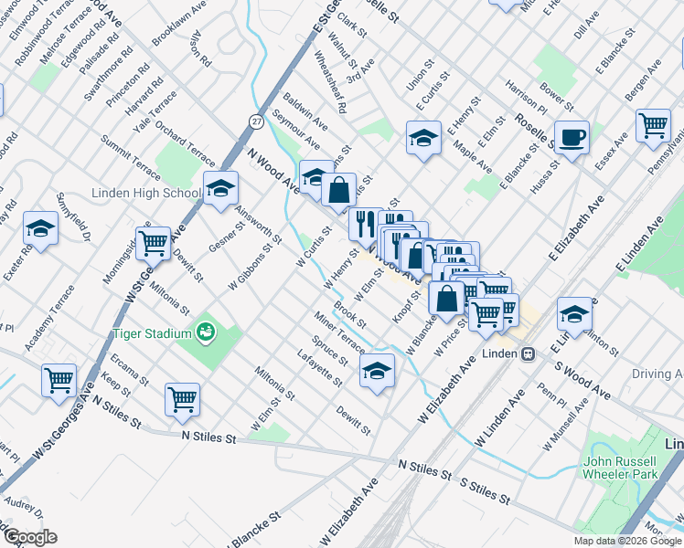 map of restaurants, bars, coffee shops, grocery stores, and more near 505 Ainsworth Street in Linden