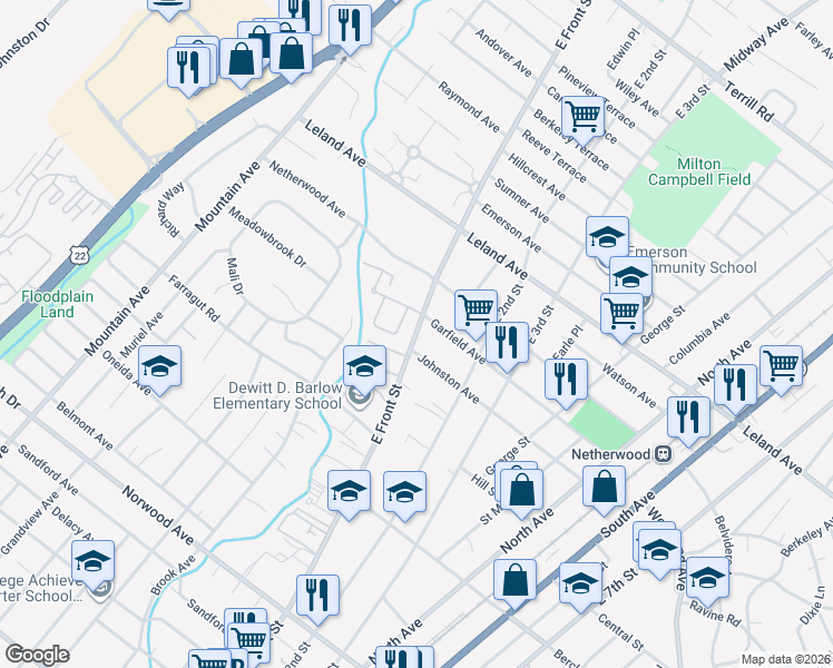 map of restaurants, bars, coffee shops, grocery stores, and more near 855 East Front Street in Plainfield