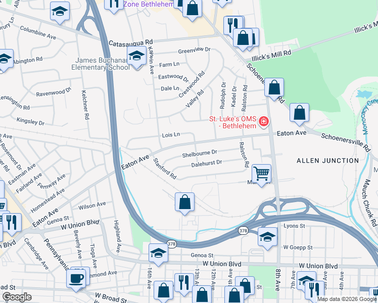 map of restaurants, bars, coffee shops, grocery stores, and more near 1105 Kimberly Road in Bethlehem
