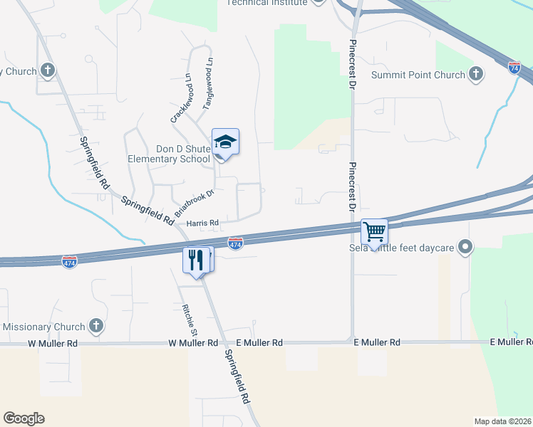map of restaurants, bars, coffee shops, grocery stores, and more near 306 Harris Road in East Peoria