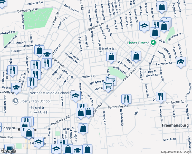 map of restaurants, bars, coffee shops, grocery stores, and more near 818 Walters Street in Bethlehem