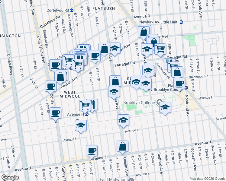 map of restaurants, bars, coffee shops, grocery stores, and more near 1222 Ocean Avenue in Brooklyn