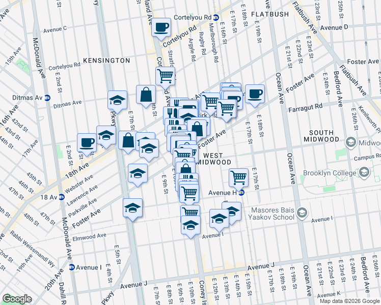 map of restaurants, bars, coffee shops, grocery stores, and more near 1117 Foster Avenue in Brooklyn