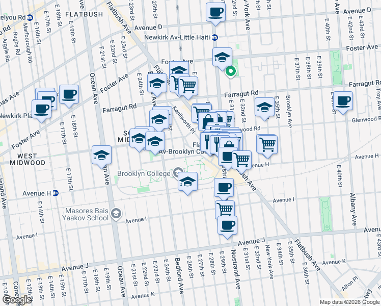 map of restaurants, bars, coffee shops, grocery stores, and more near 2705 Campus Road in Brooklyn