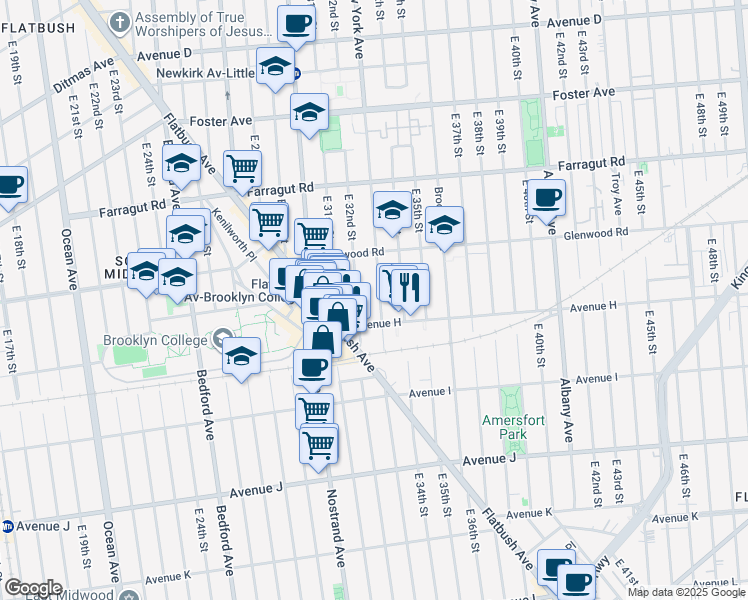 map of restaurants, bars, coffee shops, grocery stores, and more near 793 East 32nd Street in Brooklyn