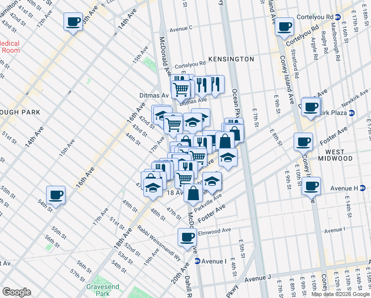 map of restaurants, bars, coffee shops, grocery stores, and more near 905 McDonald Avenue in Brooklyn