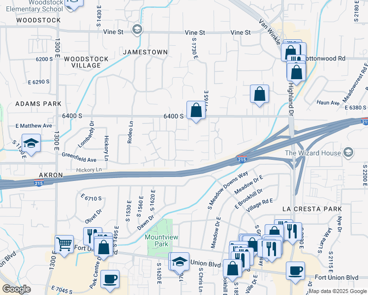 map of restaurants, bars, coffee shops, grocery stores, and more near 1676 East 6485 South in Murray
