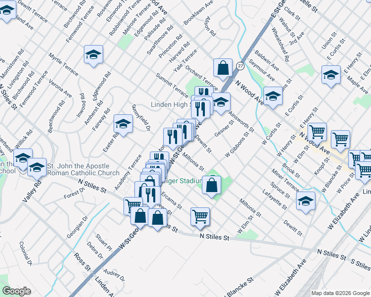 map of restaurants, bars, coffee shops, grocery stores, and more near 338 Gesner Street in Linden