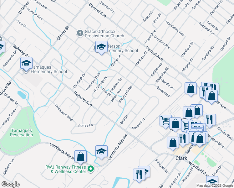 map of restaurants, bars, coffee shops, grocery stores, and more near 25 Moss Avenue in Westfield