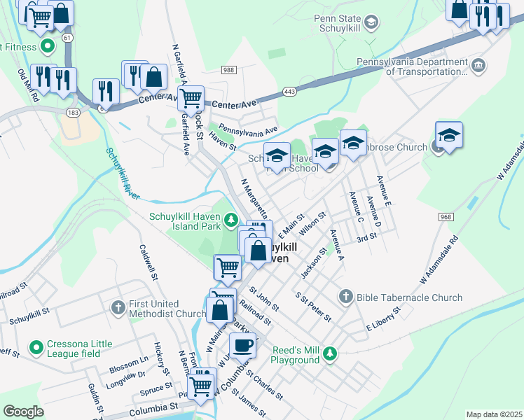map of restaurants, bars, coffee shops, grocery stores, and more near 110 Paxson Avenue in Schuylkill Haven