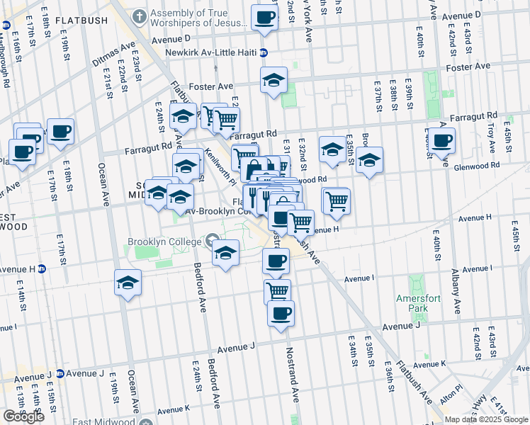 map of restaurants, bars, coffee shops, grocery stores, and more near 2901 Campus Road in Brooklyn