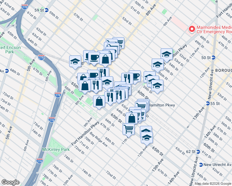 map of restaurants, bars, coffee shops, grocery stores, and more near 924 63rd Street in Brooklyn
