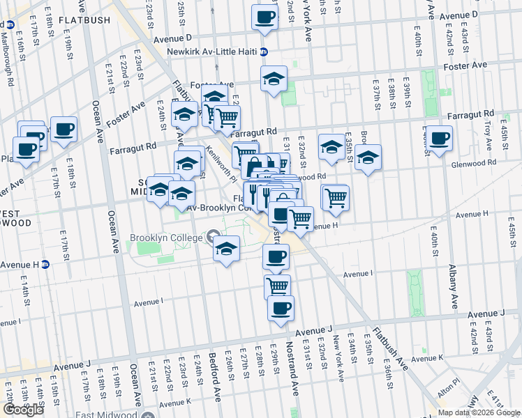 map of restaurants, bars, coffee shops, grocery stores, and more near 2901 Campus Road in Brooklyn