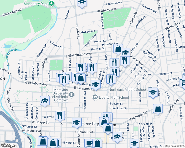 map of restaurants, bars, coffee shops, grocery stores, and more near 1345 High Street in Bethlehem