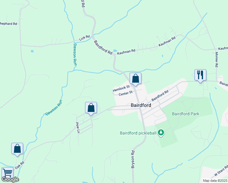 map of restaurants, bars, coffee shops, grocery stores, and more near 25 Hemlock Street in Bairdford