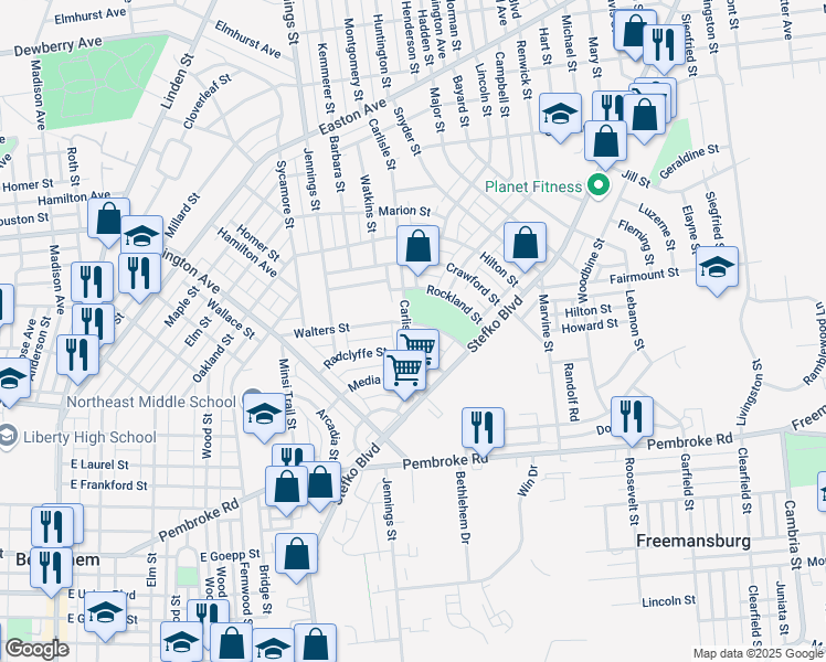 map of restaurants, bars, coffee shops, grocery stores, and more near 870 Radclyffe Street in Bethlehem