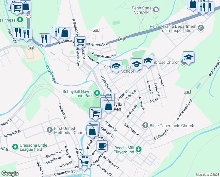 map of restaurants, bars, coffee shops, grocery stores, and more near 100 Paxson Avenue in Schuylkill Haven