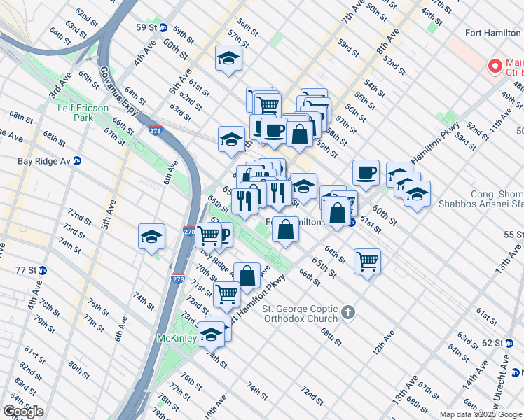 map of restaurants, bars, coffee shops, grocery stores, and more near 847 65th Street in Brooklyn