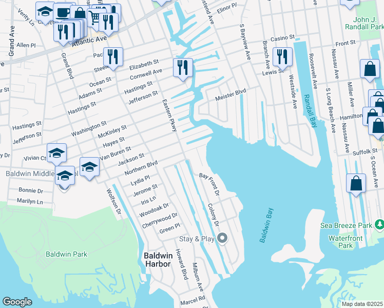 map of restaurants, bars, coffee shops, grocery stores, and more near 16 Bay Front Drive in Baldwin