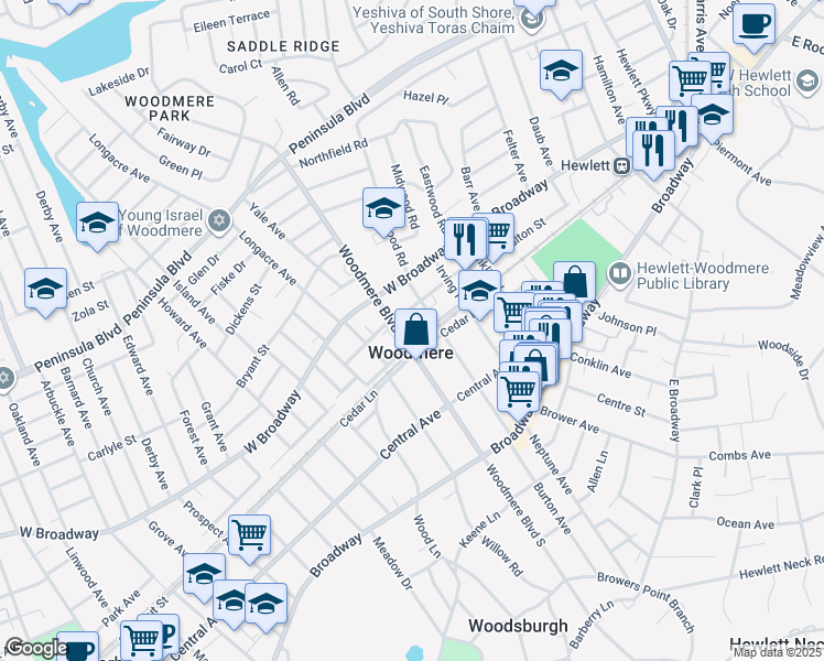 map of restaurants, bars, coffee shops, grocery stores, and more near in Woodmere