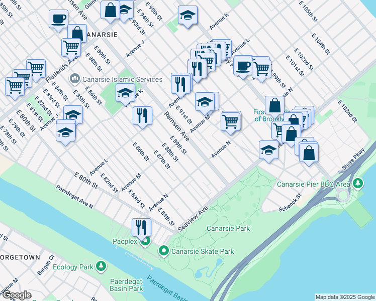 map of restaurants, bars, coffee shops, grocery stores, and more near 1345 East 88th Street in Brooklyn
